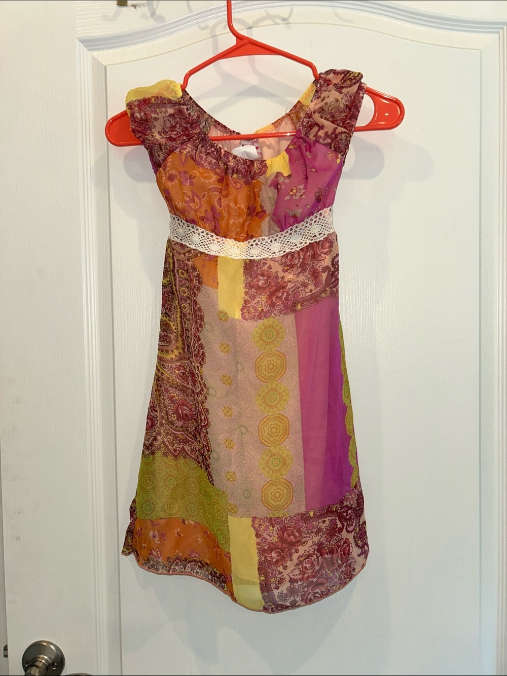 Zoey Girls' Multicolor Patchwork look sheer overlay dress  Crochet Waist 12